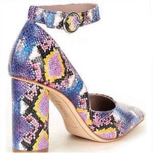 Deltan Jami Blue Purple Snake Print Ankle Strap Pumps Pointed Toe Heels